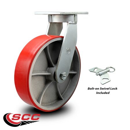 Service Caster 12 Inch Heavy Duty Red Poly on Cast Iron Wheel Swivel Caster with Swivel Lock SCC-KP92S1230-PUR-RS-BSL